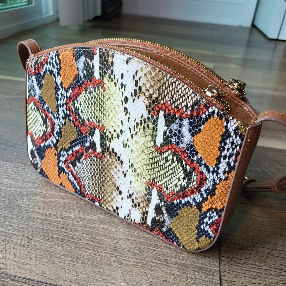 Anne Klein Multi Color Snakeskin Crossbody Bag Triple Compartment Brown Strap